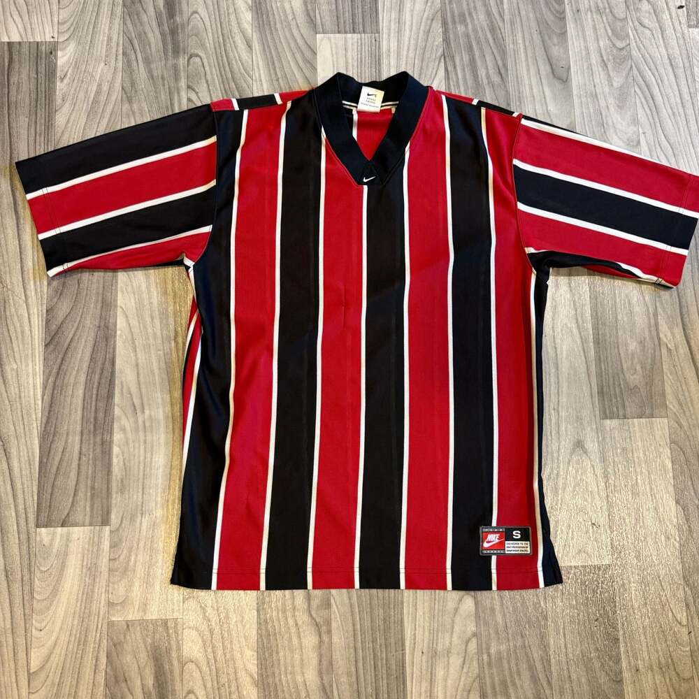 Vintage 90s Nike White Tag Vertical Striped Soccer Jersey V-Neck Red Black